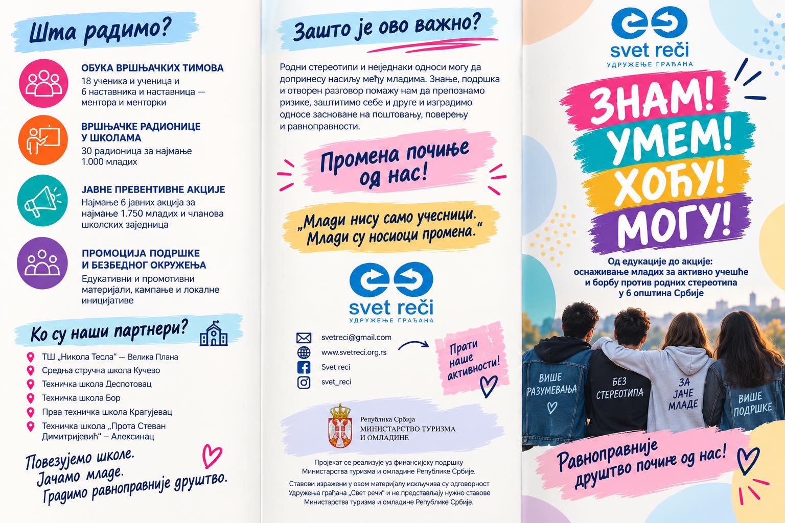 FLAJER-1.STRANA ЗНАМ! УМЕМ! ХОЋУ! МОГУ! Од едукације до акције: оснаживање младих за активно учешће и борбу против родних стереотипа у 6 општина Србије